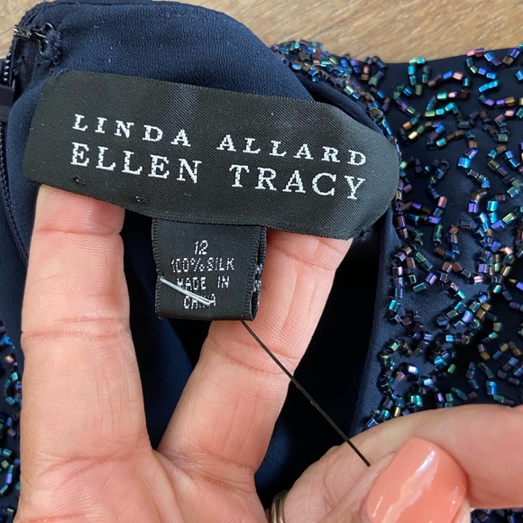 Linda Allard Ellen Tracy Silk Beaded Mini Dress Size 12 Blue Embellished RT $915 - Picture 11 of 13